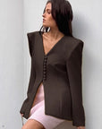 Retro Brown V-Neck Blazer for Women