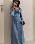 Spring French Blue Satin Dress with Ruffles