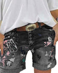 High-Waisted Elastic Printed Denim Shorts