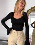 Black Ruffled Long Sleeve Knit Top for Women