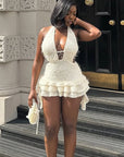 V-Neck Hollow Out Mini Dress with Tie Back