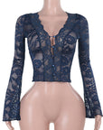 Chic Women's V-Neck Lace Long Sleeve Top