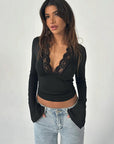 Sexy Lace Trim Deep V Neck Long Sleeve Top