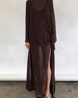 Brown Mesh Design Long Sleeve Dress with Bow Tie