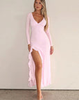 Sexy Deep V Neck Long Sleeve Ruffle Split Dress