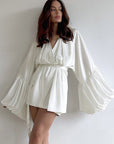 V-Neck Tie Waist Puff Sleeve Dress