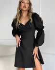 Elegant Black V-Neck Lantern Sleeve Dress