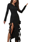 Fashionable Ruffled Long Sleeve Hooded Dress