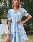 Retro V-Neck Puff Sleeve A-Line Dress