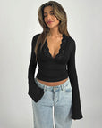 Sexy Lace Trim Deep V Neck Long Sleeve Top