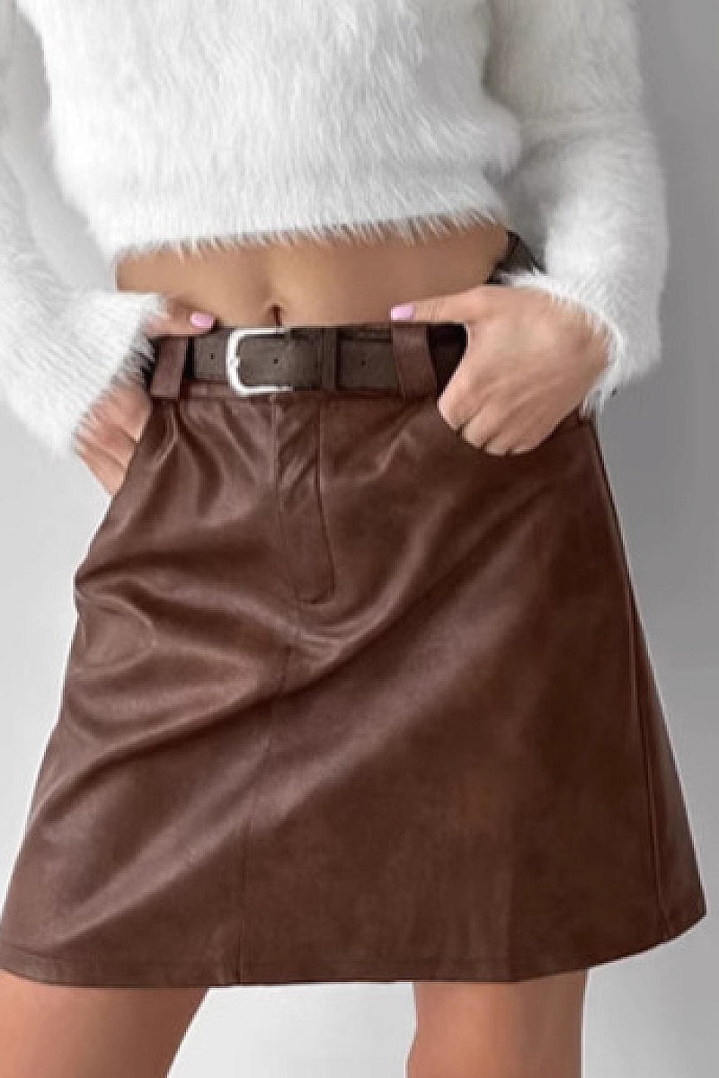 Cognac Faux-Leather Pencil Skirt