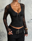 Lace Panel V-Neck Long Sleeve Top