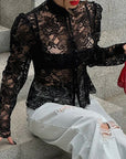 Fashionable Sexy Stand Collar Lace Puff Sleeve Shirt