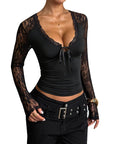 Lace Panel V-Neck Long Sleeve Top
