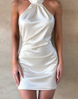 New Sexy Backless Halter Satin Mini Dress