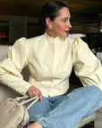 Chic Puff Sleeve Stand Collar Shirt for Autumn