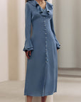 Spring French Blue Satin Dress with Ruffles