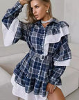 New Plaid Long Sleeve Dress with Ruffle Hem