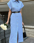 French Style High Waist Blue Cotton Linen Dress