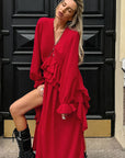 Red Ruffled A-Line Dress with Lantern Sleeves