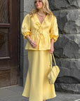 European Style Casual Cotton Linen Puff Sleeve Set