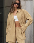 Casual Khaki Cotton Linen Two-Piece Set for Women