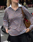 V-Neck Color Block Striped Long Sleeve T-Shirt