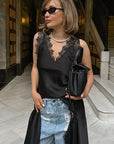 Spring Sexy Black Lace Dress with Satin V-Neck