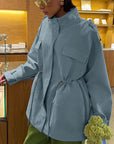 Cotton High Neck Drawstring Long Sleeve Jacket for Women
