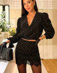 Fashionable Casual Dot V-Neck Set with Short Skirt