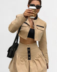 Chic Khaki Two-Piece Suit with Skirt and Jacket