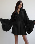 V-Neck Tie Waist Puff Sleeve Dress