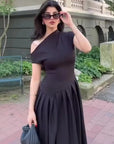 Elegant Spring Summer Dress with Asymmetric Neck