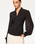 V-Neck Sheer Long Sleeve Blouse for Women