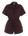 Solid Color Short Sleeve Jumpsuit with Shirt Collar