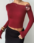 Retro Burgundy Rose Off-Shoulder T-Shirt for Women