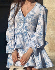 Elegant V-Neck Floral Long Sleeve Dress