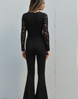 Lace Deep V Neck Long Sleeve Black Jumpsuit