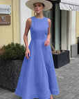French Style Blue Round Neck Cotton Linen Dress