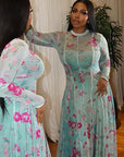 Fresh Floral Print A-Line Dress with Long Sleeves