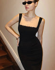 Square Neck Black Slim Fit Dress for Women