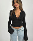 Sexy Lace Trim Deep V Neck Long Sleeve Top