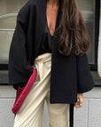 Casual French Style V-Neck Tie Black Jacket