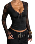 Lace Panel V-Neck Long Sleeve Top