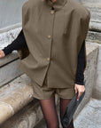 Chic Sleeveless Vest and Shorts Set in Khaki