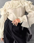 French Style Summer Sheer Collar Blouse with Ruffles