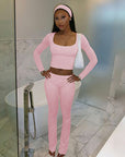 Autumn Casual Solid Color Square Neck Set