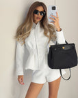Stylish White V-Neck Long Sleeve Suit Set