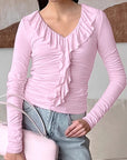 Pink Ruffled Long Sleeve Top for Women