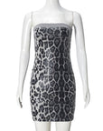Color Block Sequin Leopard Print Strapless Dress